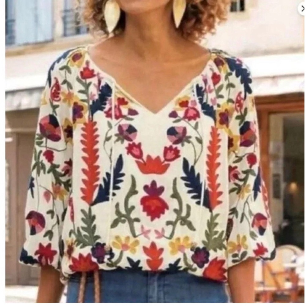 Soft Surroundings Banjara Peasant Top Womens L Cream Floral Embroidered Blouse